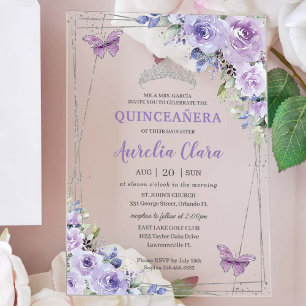 Invitaciones Acrílicas Quinceañera Lila Púrpura Floral Mariposas Plata