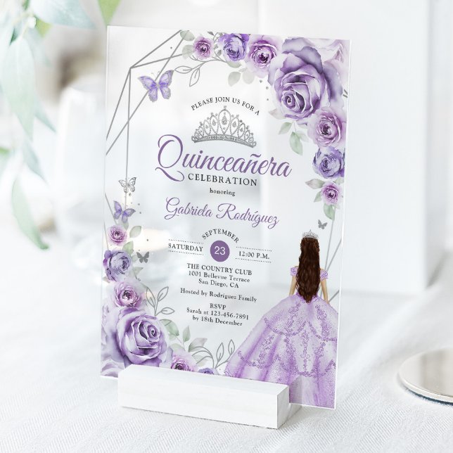 Invitaciones Acrílicas Quinceanera Lilac Purple Dress Floral Silver (Subido por el creador)