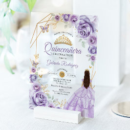 Invitaciones Acrílicas Quinceanera Lilac Vestido Púrpura Dorado Floral