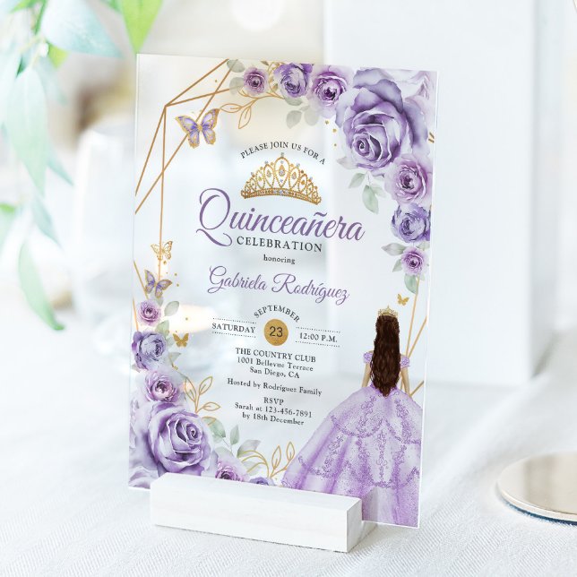Invitaciones Acrílicas Quinceanera Lilac Vestido Púrpura Dorado Floral (Subido por el creador)