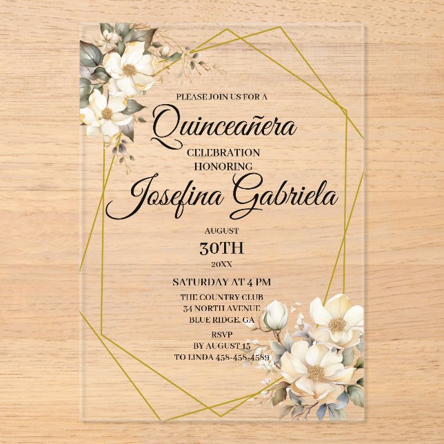 Invitaciones Acrílicas Quinceanera Magnolia (Anverso)