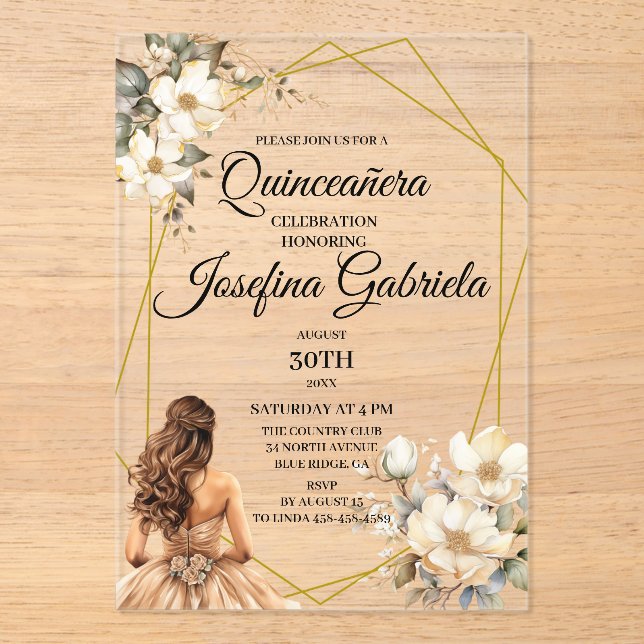 Invitaciones Acrílicas Quinceanera Magnolia (Anverso)