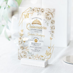 Invitaciones Acrílicas Quinceañera Marfil  Dorado Crema Floral