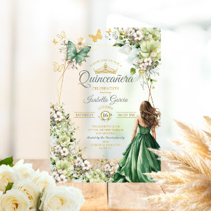 Invitaciones Acrílicas Quinceañera Mariposa Dorada Floral Verde Esmeralda