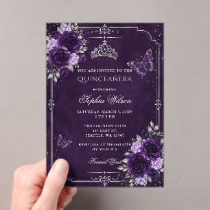 Invitaciones Acrílicas Quinceañera Mariposa Floral Morado Plateado