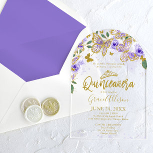 Invitaciones Acrílicas Quinceañera Mariposa Floral Oro Púrpura 