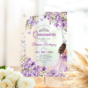 Invitaciones Acrílicas Quinceañera Mariposa Floral Plateada Púrpura