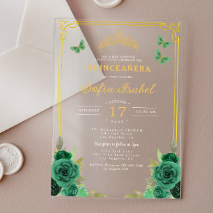 Invitaciones Acrílicas Quinceañera Mariposa Verde Esmeralda Floral