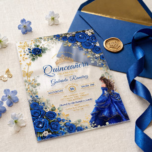 Invitaciones Acrílicas Quinceañera Mariposas Doradas Azul Real