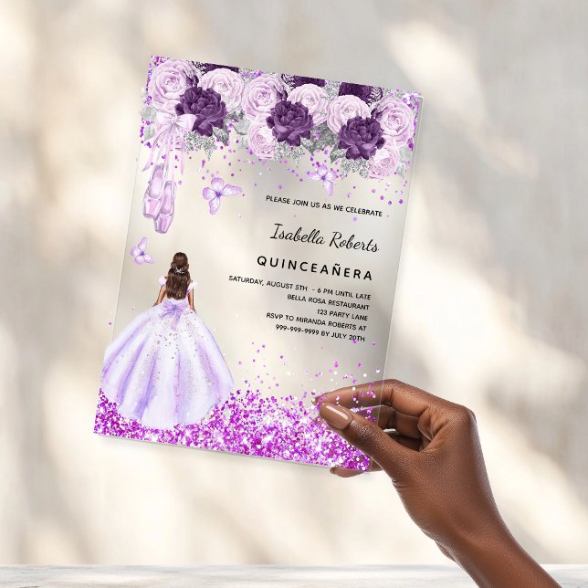 Invitaciones Acrílicas Quinceanera morado bailarina vestido de flores cla (Subido por el creador)