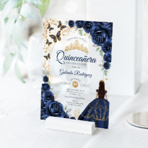 Invitaciones Acrílicas Quinceañera Naval Oro Floral