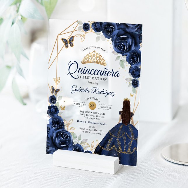 Invitaciones Acrílicas Quinceanera Navy Blue Floral Dress Gold (Subido por el creador)