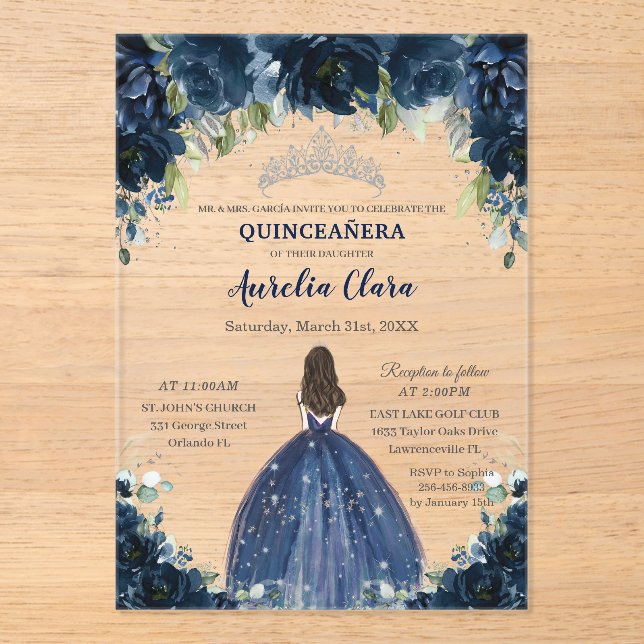 Invitaciones Acrílicas Quinceañera Navy Blue Floral Silver Princess Crown (Anverso)