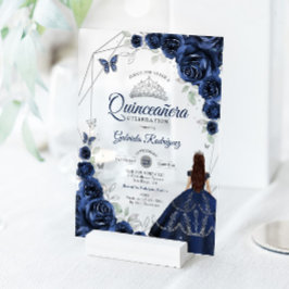 Invitaciones Acrílicas Quinceanera Navy Blue Silver Floral Dress