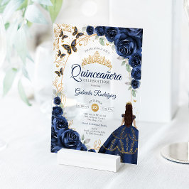 Invitaciones Acrílicas Quinceanera Navy Gold Floral
