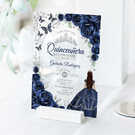 Invitaciones Acrílicas Quinceanera Navy Silver Floral