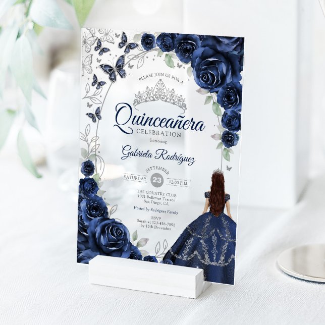 Invitaciones Acrílicas Quinceanera Navy Silver Floral (Subido por el creador)