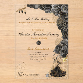 Invitaciones Acrílicas Quinceañera negra y dorada