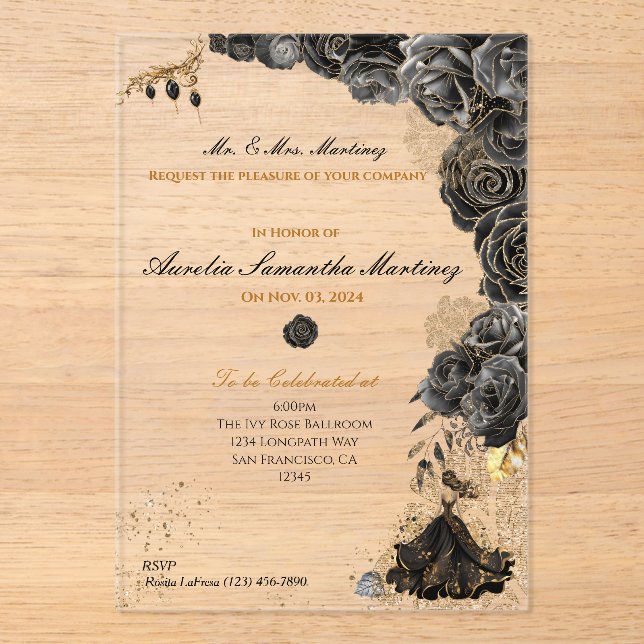 Invitaciones Acrílicas Quinceañera negra y dorada (Anverso)
