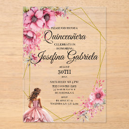 Invitaciones Acrílicas Quinceanera pink floral