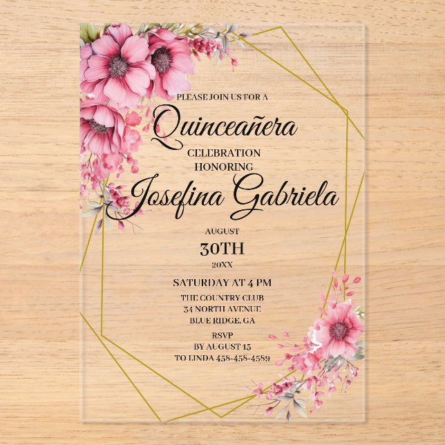 Invitaciones Acrílicas Quinceanera pink floral (Anverso)