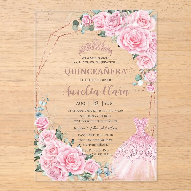 Invitaciones Acrílicas Quinceanera Pink Floral Princess Dress Rose Gold (Anverso)