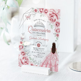 Invitaciones Acrílicas Quinceanera Pink Silver Dress Floral
