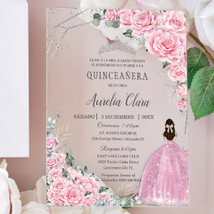 Invitaciones Acrílicas Quinceañera Plata Floral Rosa 15 Cumpleaños Españo