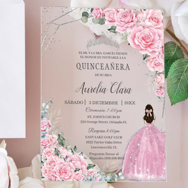 Invitaciones Acrílicas Quinceañera Plata Floral Rosa 15 Cumpleaños Españo (pink roses flowers princess spanish silver Quinceañera sweet 15 16 princess dress acrylic invitation)
