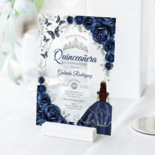 Invitaciones Acrílicas Quinceañera Plata y Azul Marino Floral