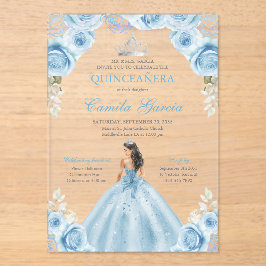 Invitaciones Acrílicas Quinceañera Princesa Floral Azul Claro y Plateado