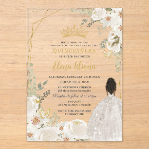 Invitaciones Acrílicas Quinceañera Princesa Floral Marrón Marfil Blanco O