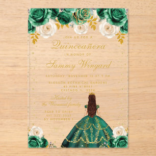 Invitaciones Acrílicas Quinceañera Princesa Floral Verde
