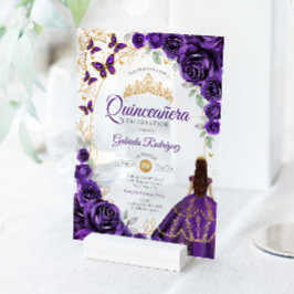 Invitaciones Acrílicas Quinceanera Purple Gold Floral