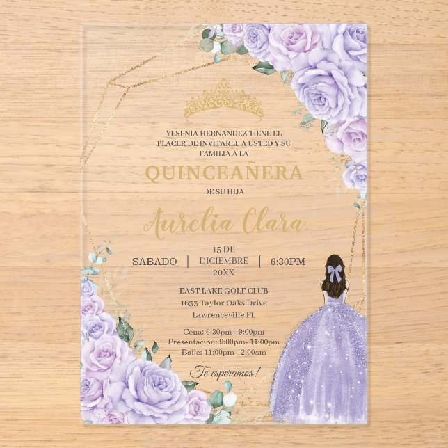 Invitaciones Acrílicas Quinceañera Purple Lilac Floral 15 Años Padrinos (Anverso)