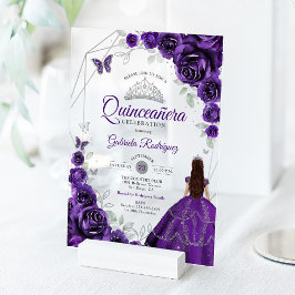 Invitaciones Acrílicas Quinceanera Purple Silver Floral Dress
