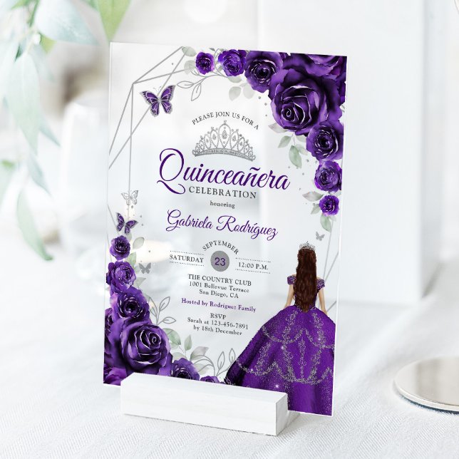 Invitaciones Acrílicas Quinceanera Purple Silver Floral Dress (Subido por el creador)