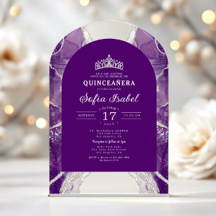 Invitaciones Acrílicas Quinceañera Púrpura Agata Plateada Elegante