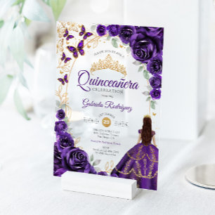 Invitaciones Acrílicas Quinceañera Púrpura Oro Floral
