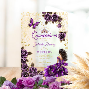 Invitaciones Acrílicas Quinceañera púrpura rosas doradas mariposas tiara