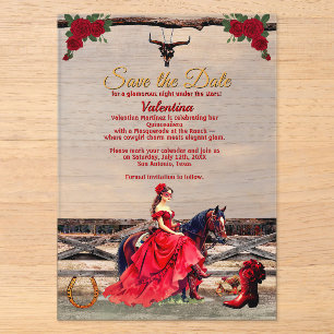 Invitaciones Acrílicas Quinceañera Rancho Masquerada Glam Roja Chica & No