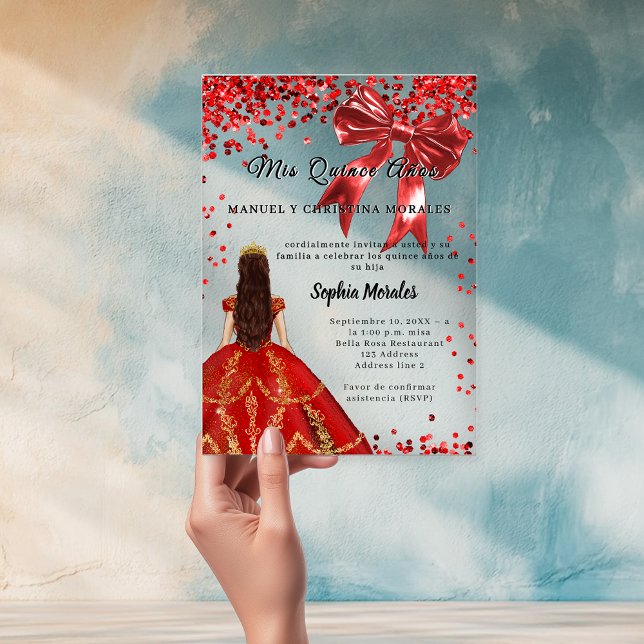 Invitaciones Acrílicas Quinceanera red dress bow clear (Subido por el creador)