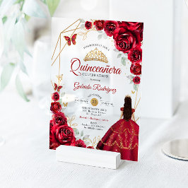 Invitaciones Acrílicas Quinceanera Red Roses Dress Gold White