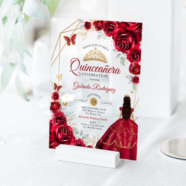 Invitaciones Acrílicas Quinceanera Red Roses Dress Gold White (Subido por el creador)