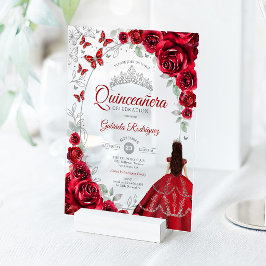 Invitaciones Acrílicas Quinceanera Red Silver Floral