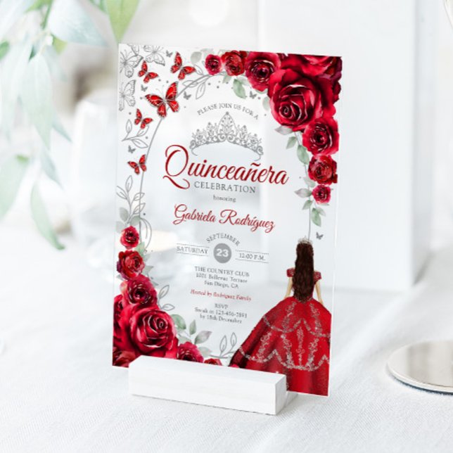 Invitaciones Acrílicas Quinceanera Red Silver Floral (Subido por el creador)