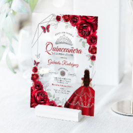 Invitaciones Acrílicas Quinceanera Red Silver Floral Dress