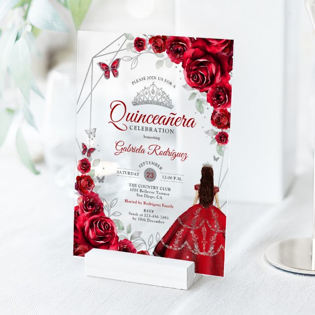 Invitaciones Acrílicas Quinceanera Red Silver Floral Dress (Subido por el creador)
