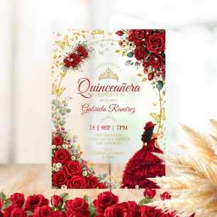 Invitaciones Acrílicas Quinceañera Roja Mariposas Doradas Rosas
