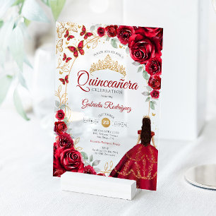 Invitaciones Acrílicas Quinceañera Rojo Dorado Floral